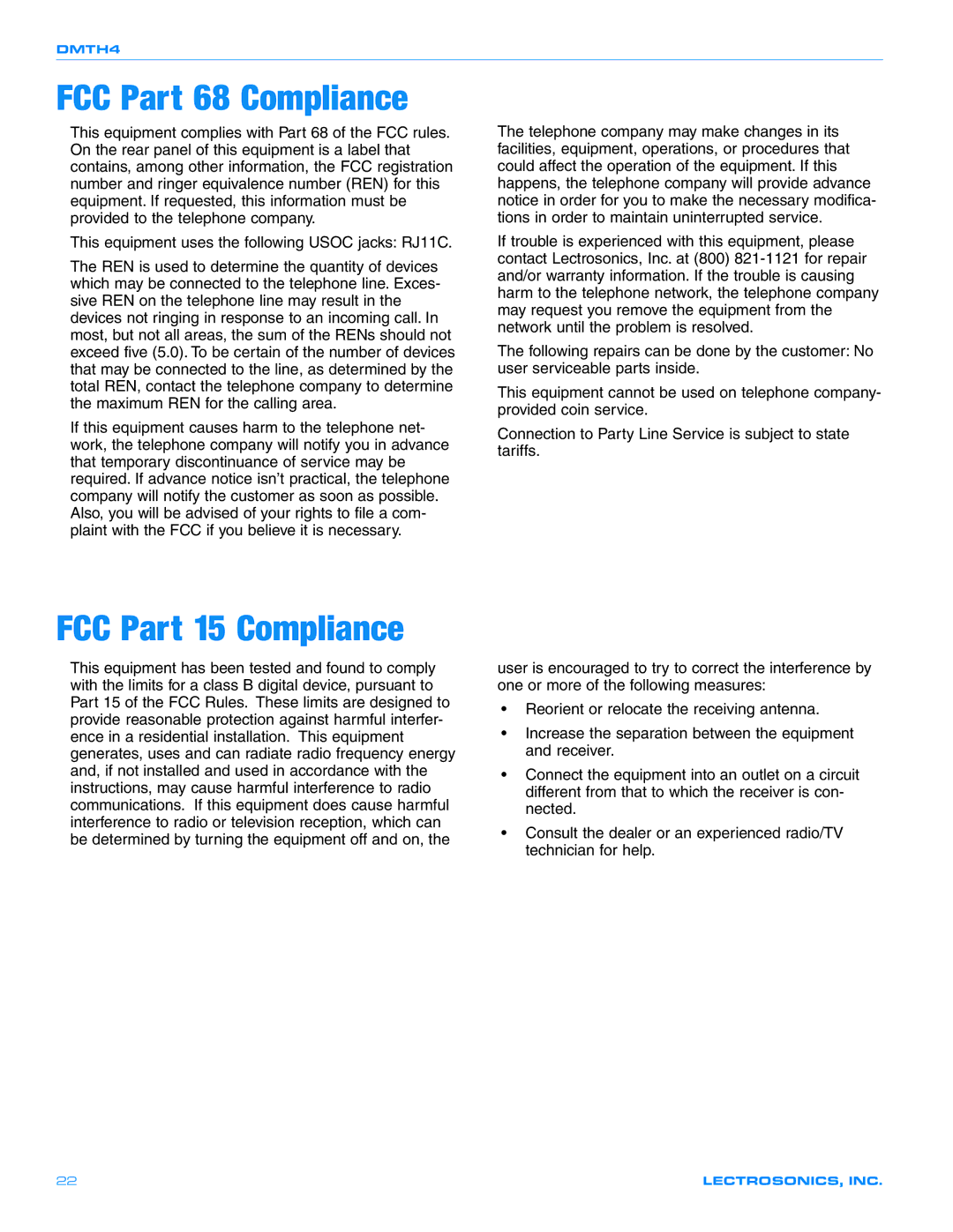 Crestron electronic DMTH4 quick start FCC Part 68 Compliance, FCC Part 15 Compliance 