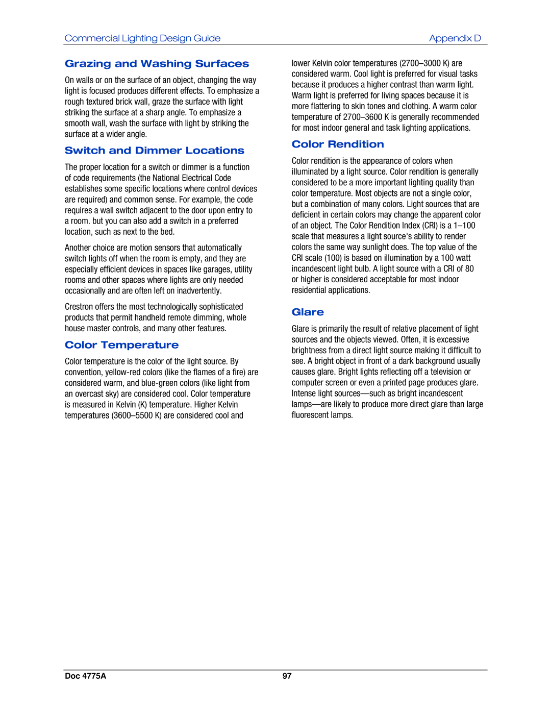 Crestron electronic GLPS-HSW-FT manual Grazing and Washing Surfaces, Switch and Dimmer Locations, Color Temperature, Glare 