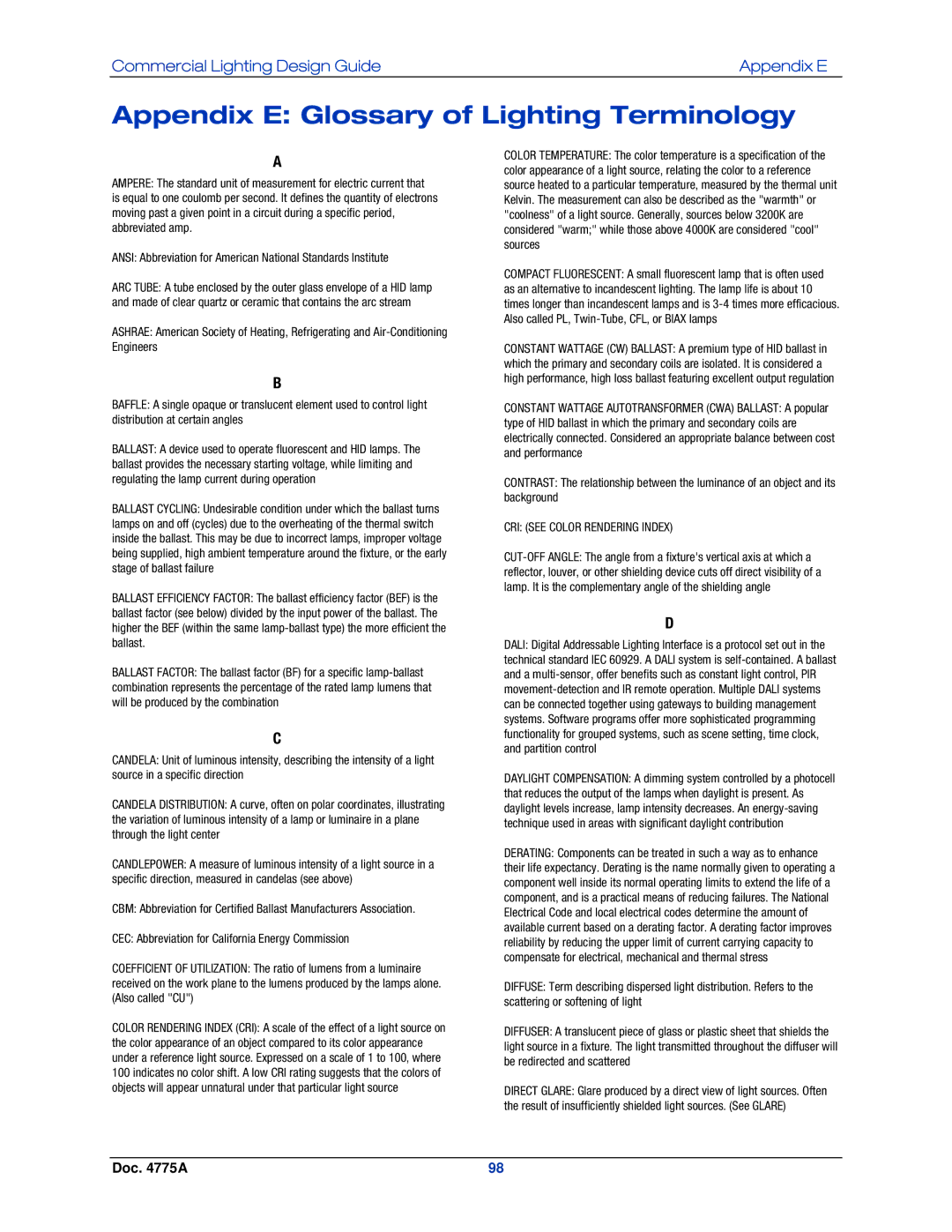 Crestron electronic IPAC-GL1, GLPS-SW-FT, GLPS-HDSW-FT, GLPS-HSW-FT manual Appendix E Glossary of Lighting Terminology 