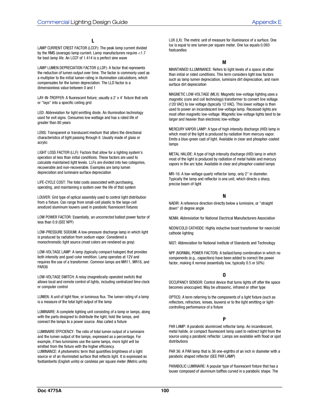 Crestron electronic GLPS-SW-FT, IPAC-GL1, GLPS-HDSW-FT, GLPS-HSW-FT manual Commercial Lighting Design Guide Appendix E 