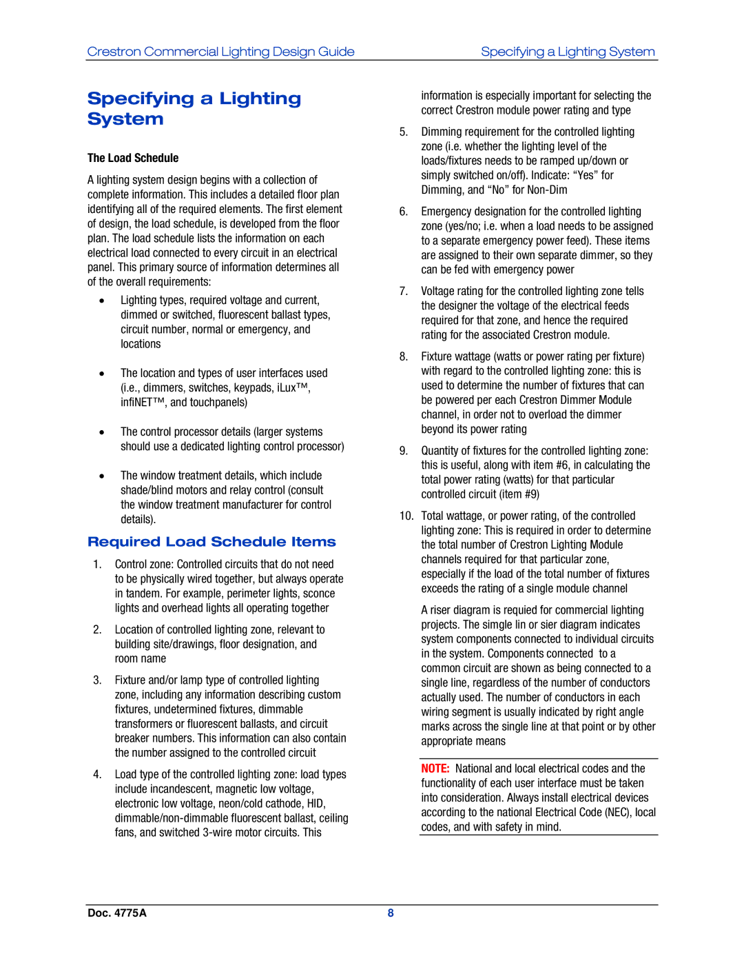 Crestron electronic IPAC-GL1, GLPS-SW-FT, GLPS-HSW manual Specifying a Lighting System, Required Load Schedule Items 