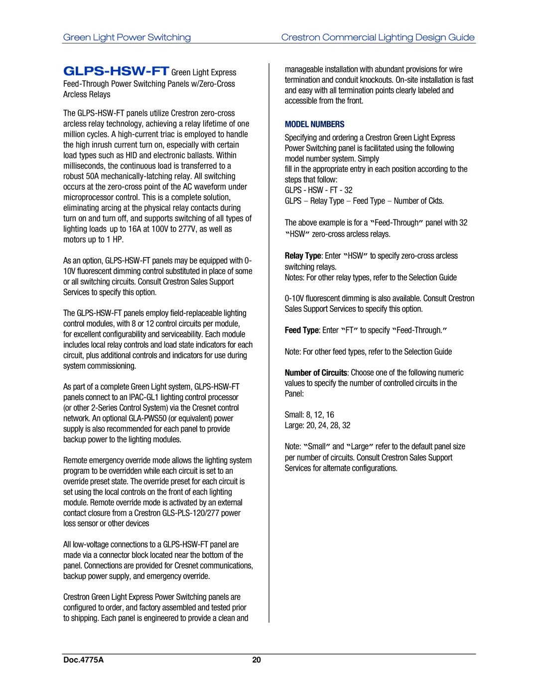 Crestron electronic IPAC-GL1, GLPS-SW-FT, GLPS-HDSW-FT, GLPS-HSW-FT manual Model Numbers 