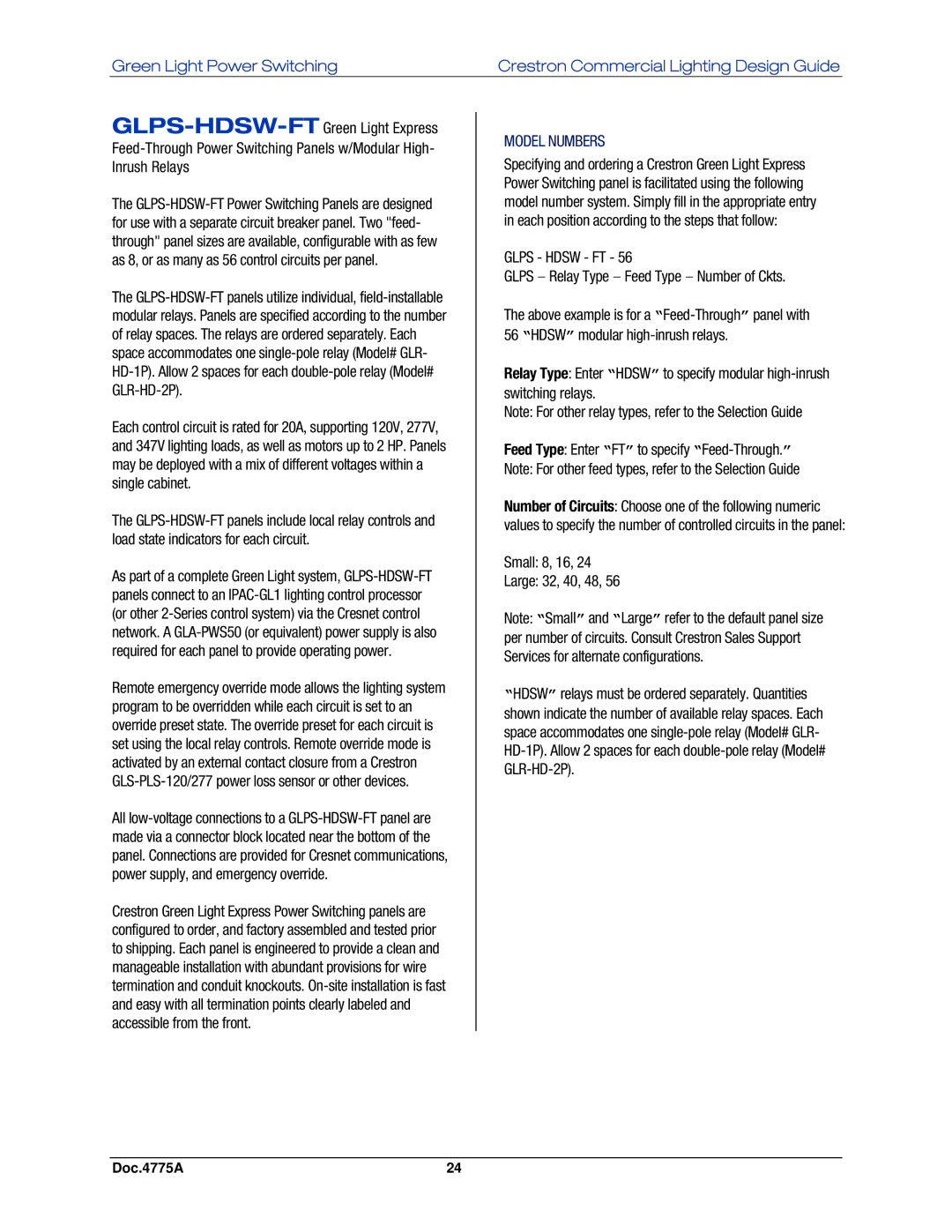 Crestron electronic GLPS-HDSW-FT manual Glps Hdsw FT Glps Relay Type Feed Type Number of Ckts, Small 8, 16 Large 32, 40, 48 