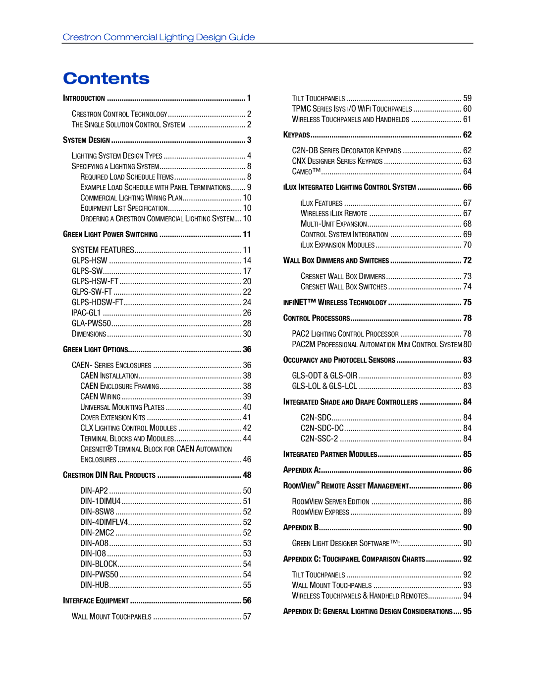 Crestron electronic IPAC-GL1, GLPS-SW-FT, GLPS-HDSW-FT, GLPS-HSW-FT manual Contents 