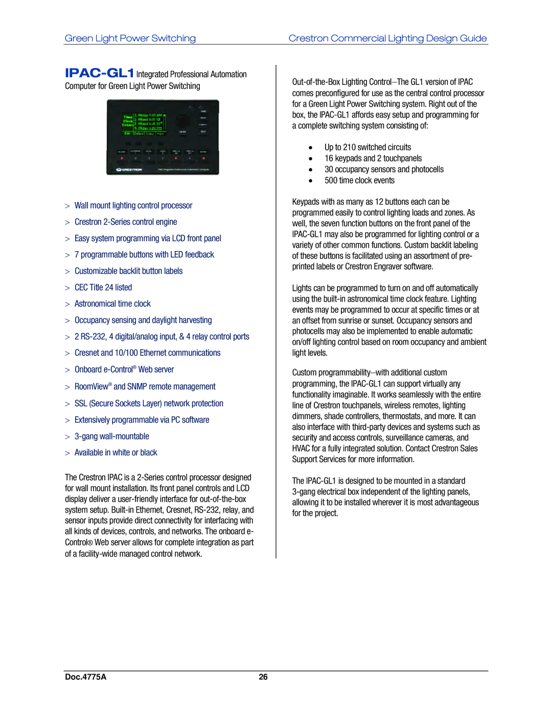 Crestron electronic IPAC-GL1, GLPS-SW-FT, GLPS-HDSW-FT, GLPS-HSW-FT manual Doc.4775A 