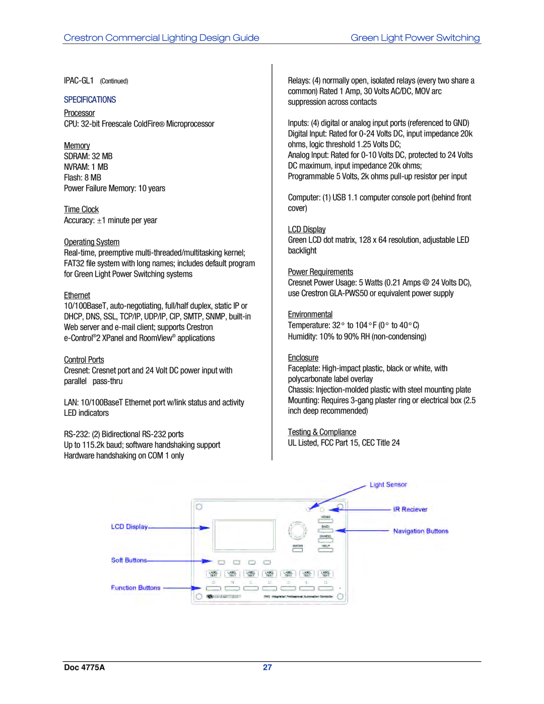 Crestron electronic IPAC-GL1, GLPS-SW-FT, GLPS-HDSW-FT, GLPS-HSW-FT manual Sdram 32 MB Nvram 1 MB, Ethernet 