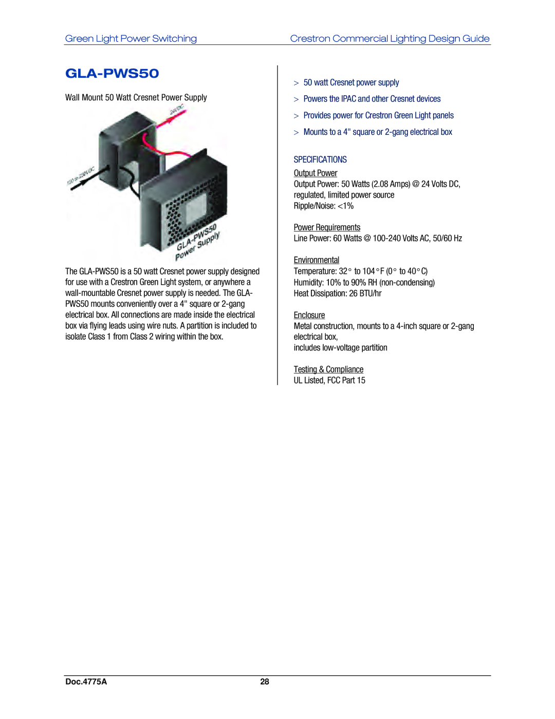 Crestron electronic GLPS-SW-FT, IPAC-GL1, GLPS-HSW, GLPS-HDSW-FT manual GLA-PWS50, Wall Mount 50 Watt Cresnet Power Supply 