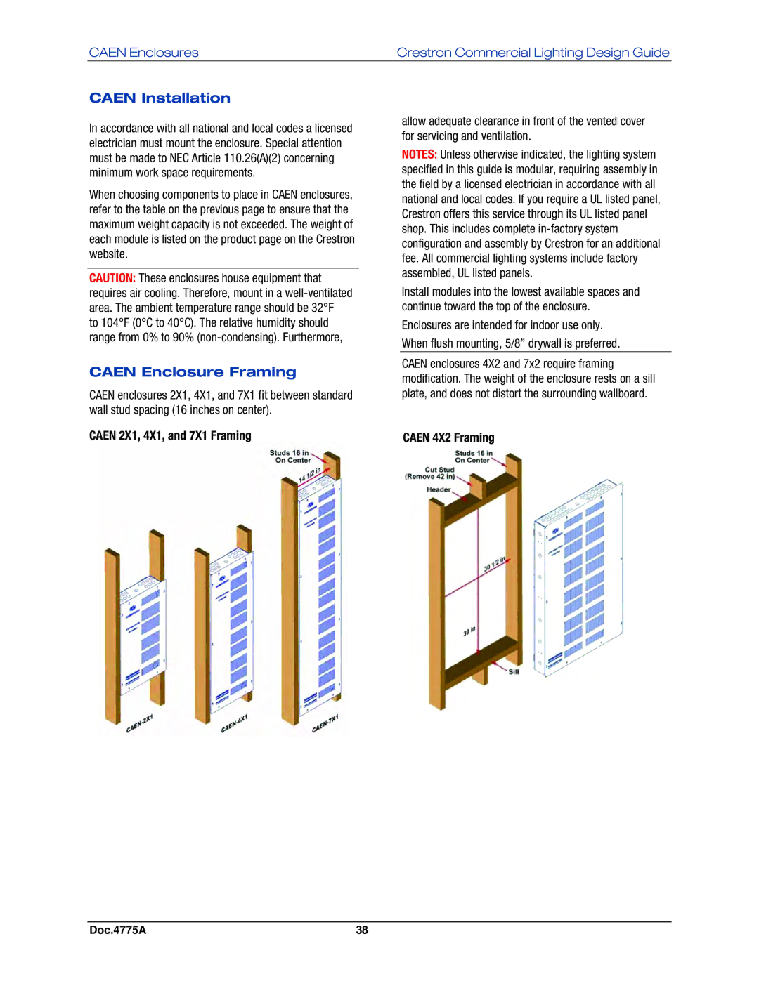 Crestron electronic IPAC-GL1 Caen Installation, Caen Enclosure Framing, Caen 2X1, 4X1, and 7X1 Framing, Caen 4X2 Framing 