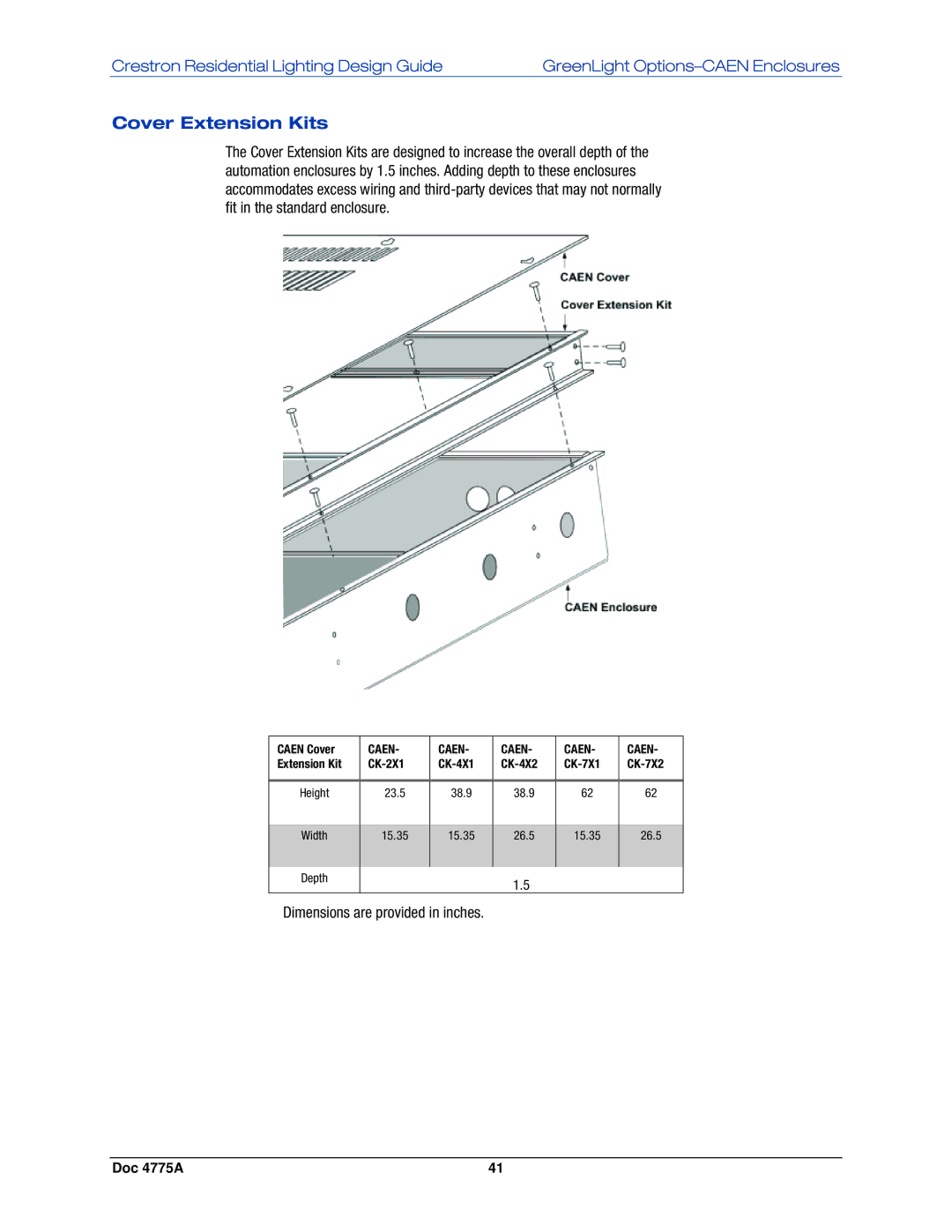 Crestron electronic GLPS-HSW, IPAC-GL1, GLPS-SW-FT, GLPS-HDSW-FT Cover Extension Kits, Dimensions are provided in inches 