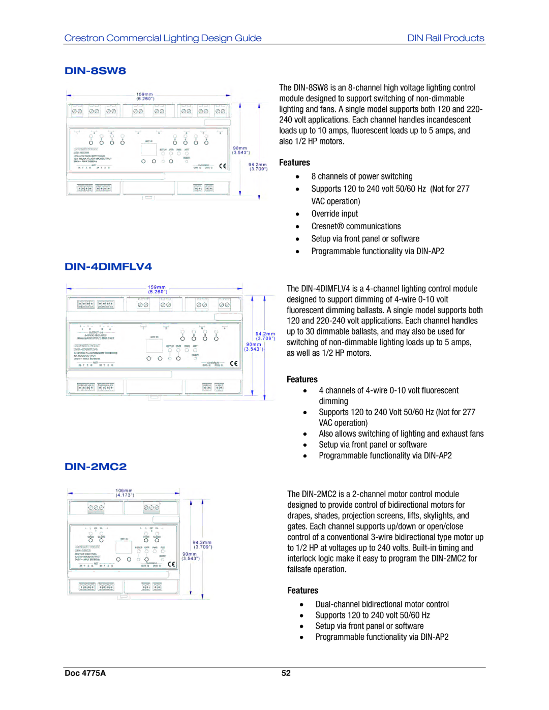 Crestron electronic GLPS-SW-FT, IPAC-GL1, GLPS-HDSW-FT, GLPS-HSW-FT manual DIN-8SW8, DIN-4DIMFLV4, DIN-2MC2 