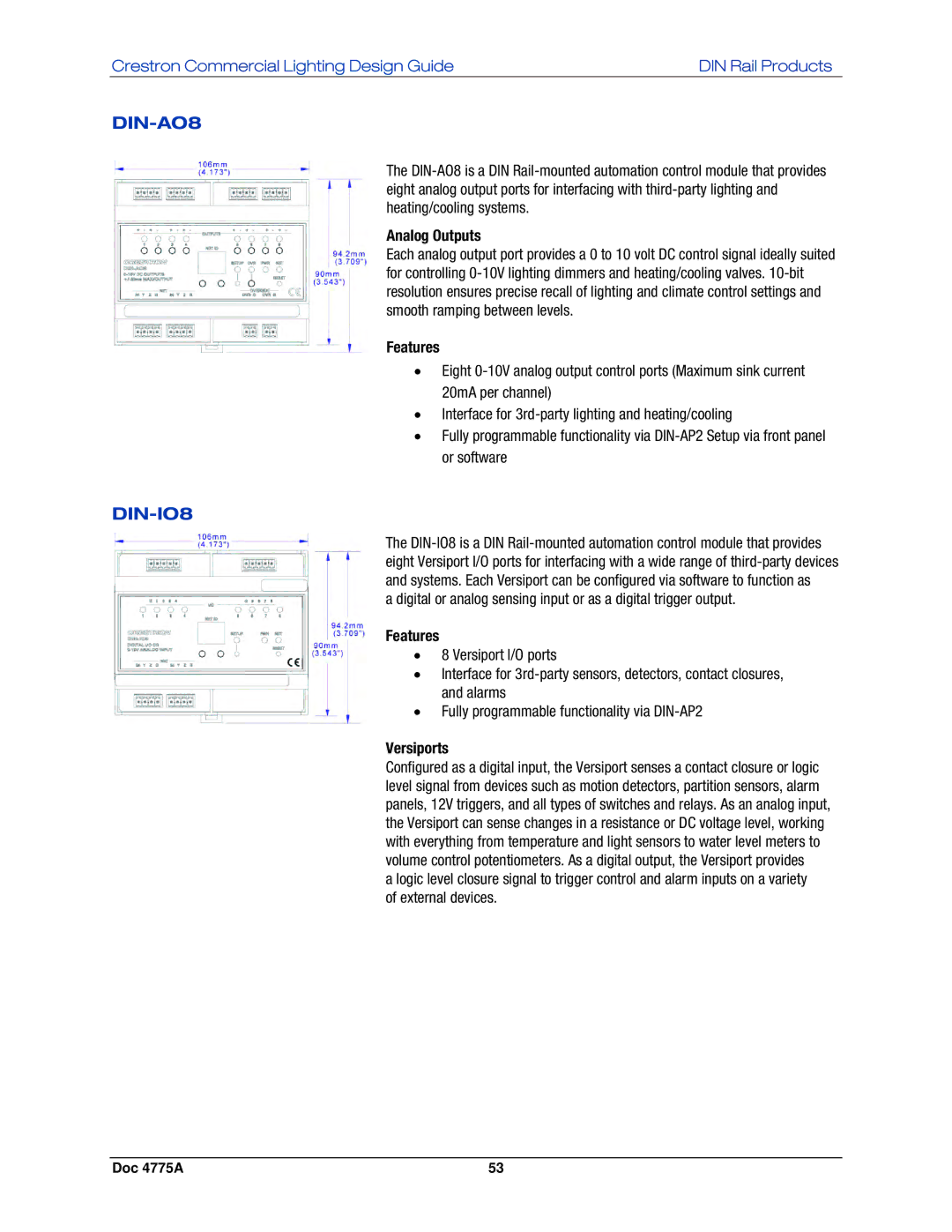 Crestron electronic IPAC-GL1, GLPS-SW-FT, GLPS-HDSW-FT, GLPS-HSW-FT manual DIN-AO8, DIN-IO8, Analog Outputs, Versiports 