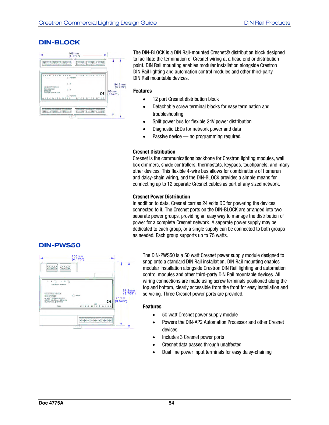 Crestron electronic GLPS-HDSW-FT, IPAC-GL1, GLPS-SW Din-Block, DIN-PWS50, Cresnet Distribution, Cresnet Power Distribution 