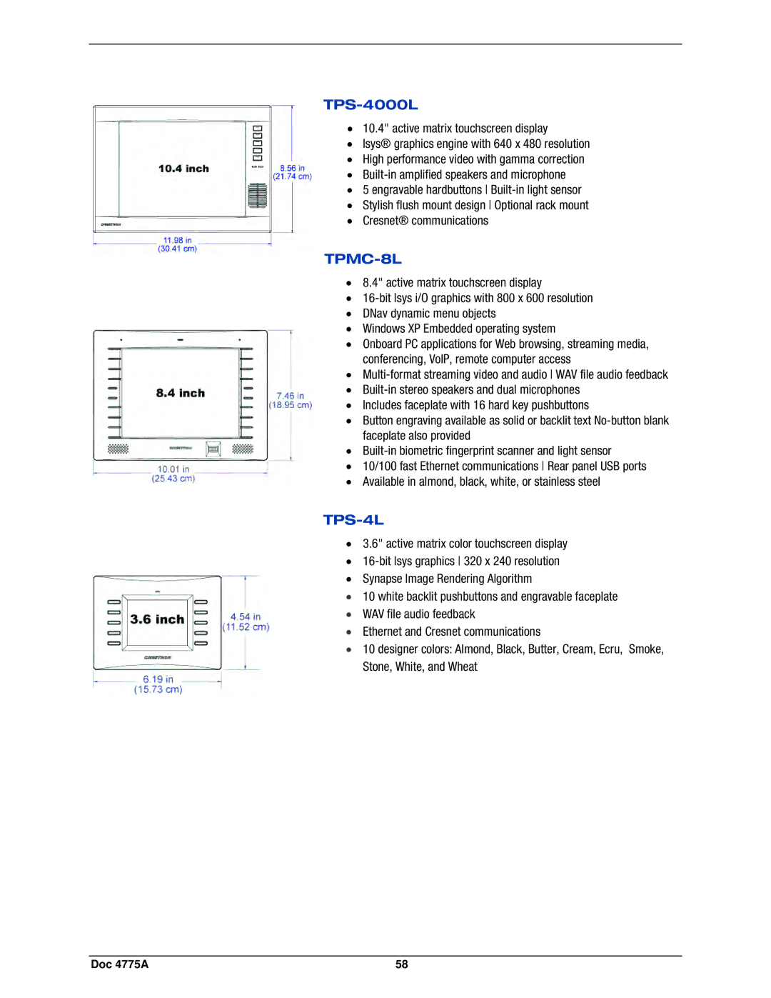 Crestron electronic GLPS-SW-FT, IPAC-GL1, GLPS-HDSW-FT, GLPS-HSW-FT manual TPS-4000L, TPMC-8L, TPS-4L 