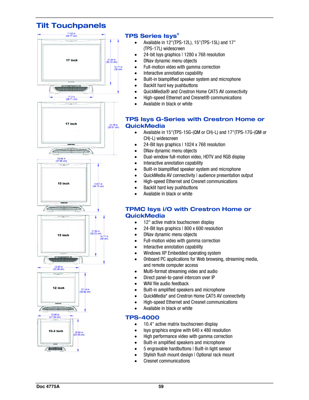 Crestron electronic IPAC-GL1, GLPS-SW-FT, GLPS-HDSW-FT, GLPS-HSW-FT manual Tilt Touchpanels, TPS-4000 