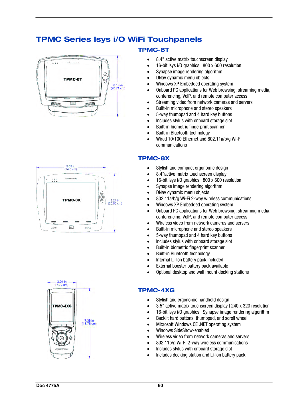 Crestron electronic GLPS-HDSW-FT, IPAC-GL1, GLPS-SW manual Tpmc Series Isys i/O WiFi Touchpanels, TPMC-8T, TPMC-8X, TPMC-4XG 