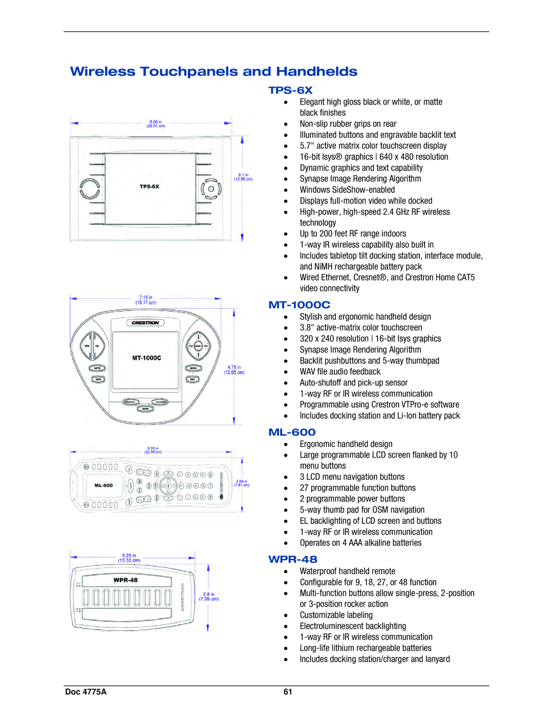 Crestron electronic GLPS-HSW-FT, IPAC-GL1, GLPS-SW Wireless Touchpanels and Handhelds, TPS-6X, MT-1000C, ML-600, WPR-48 