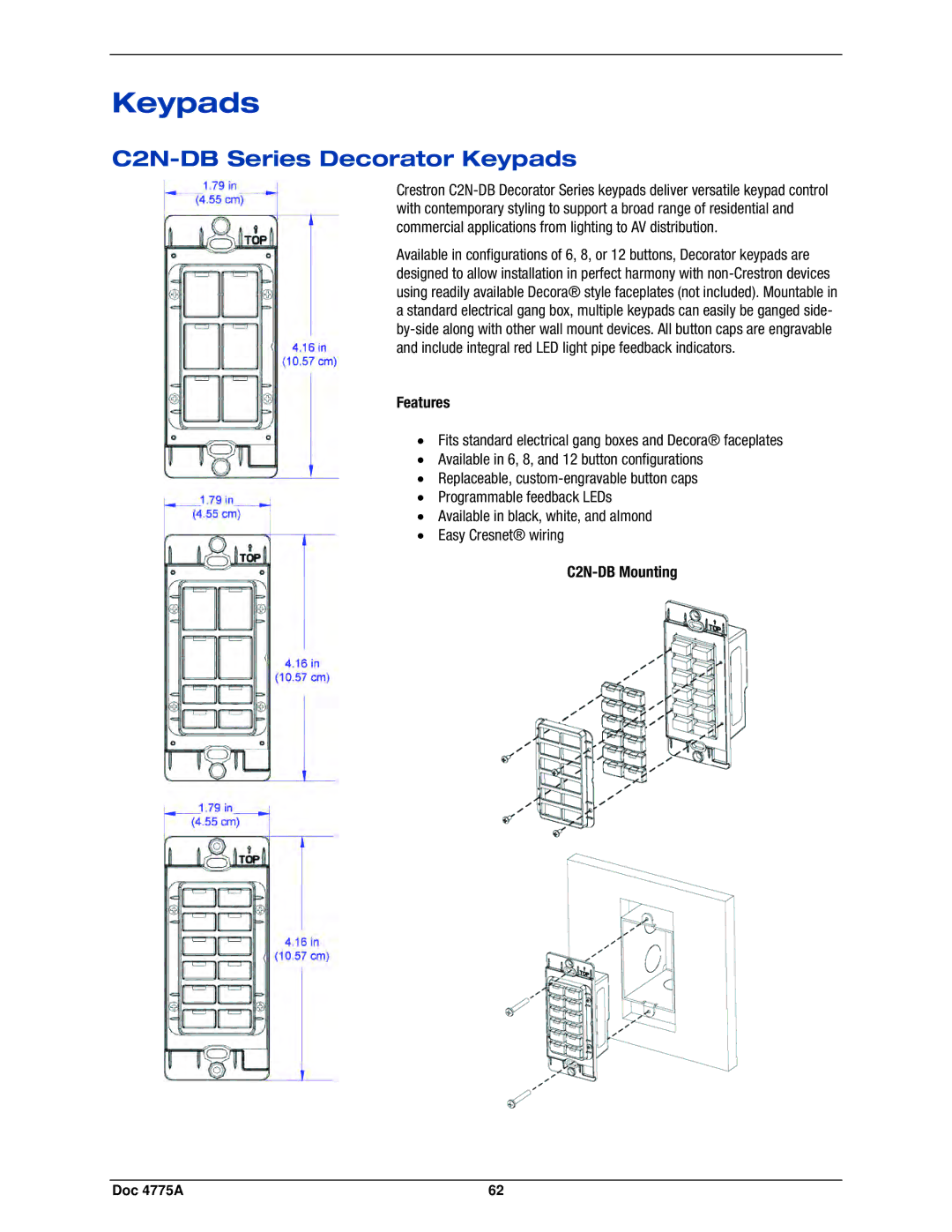 Crestron electronic IPAC-GL1, GLPS-SW-FT, GLPS-HSW, GLPS-HDSW-FT C2N-DB Series Decorator Keypads, C2N-DB Mounting 