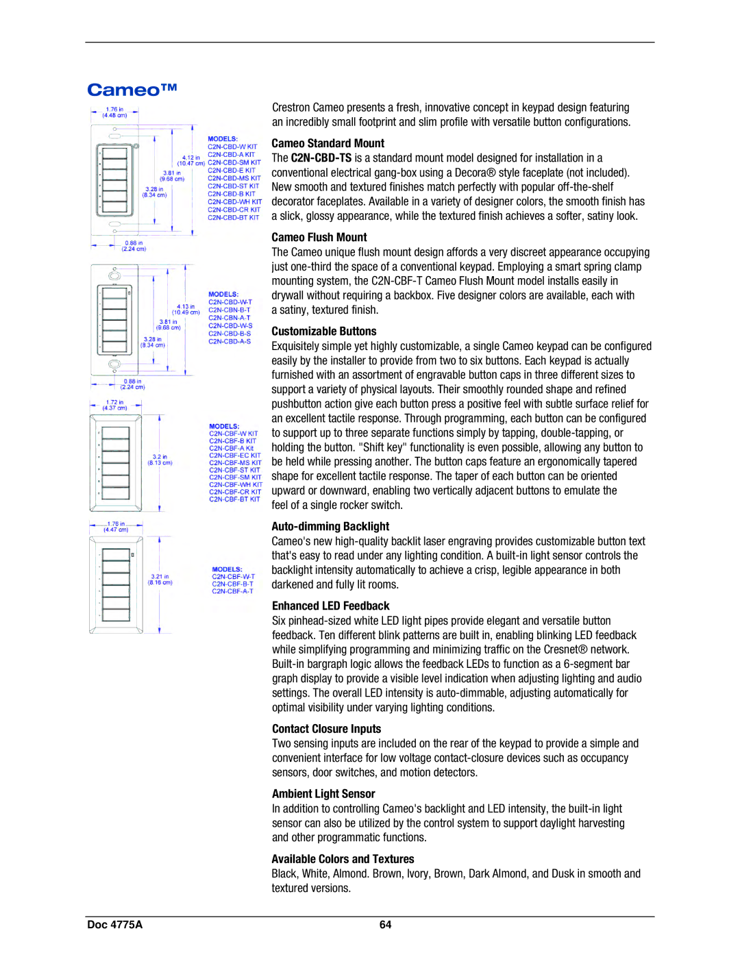 Crestron electronic GLPS-SW-FT, IPAC-GL1, GLPS-HDSW-FT, GLPS-HSW-FT manual Cameo 