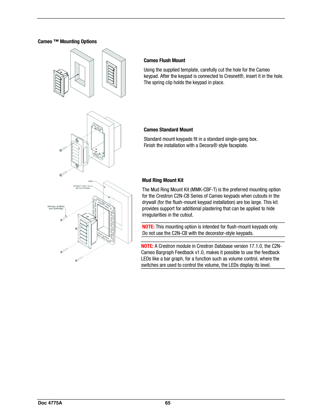 Crestron electronic GLPS-HSW, IPAC-GL1, GLPS-SW-FT manual Cameo Mounting Options Cameo Flush Mount, Mud Ring Mount Kit 