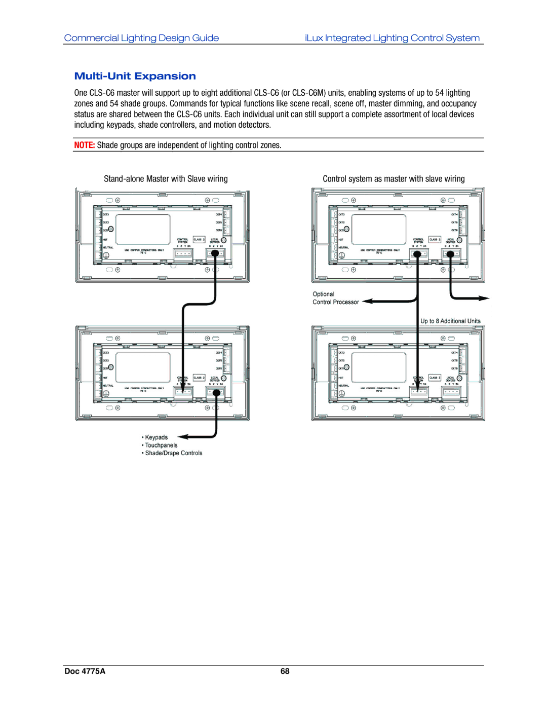 Crestron electronic IPAC-GL1, GLPS-SW-FT, GLPS-HSW manual Multi-Unit Expansion, Stand-alone Master with Slave wiring 