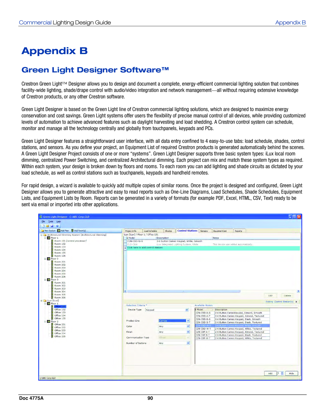 Crestron electronic GLPS-HDSW-FT, IPAC-GL1, GLPS-SW-FT, GLPS-HSW-FT manual Appendix B, Green Light Designer Software 