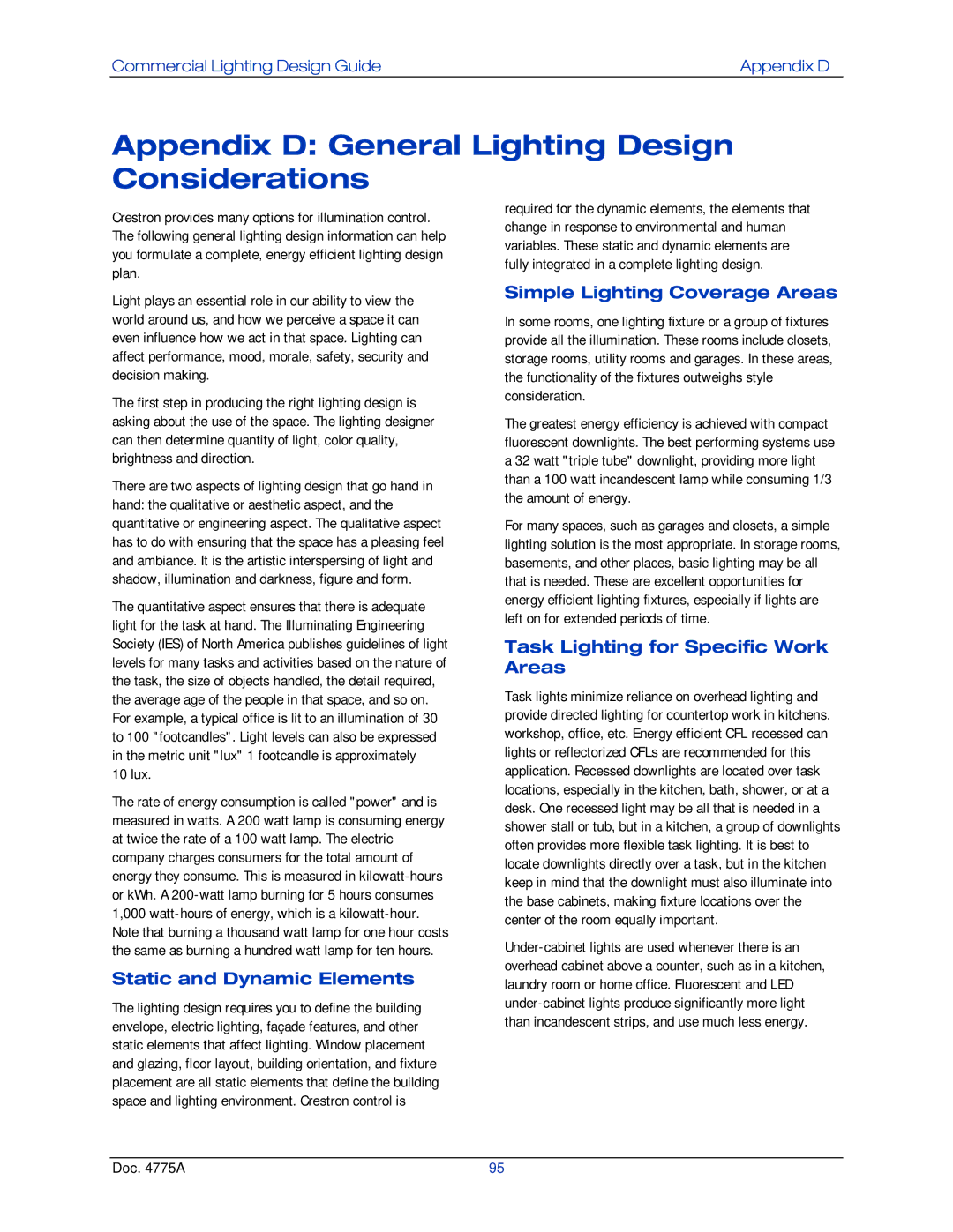 Crestron electronic GLPS-HSW manual Appendix D General Lighting Design Considerations, Static and Dynamic Elements, 10 lux 