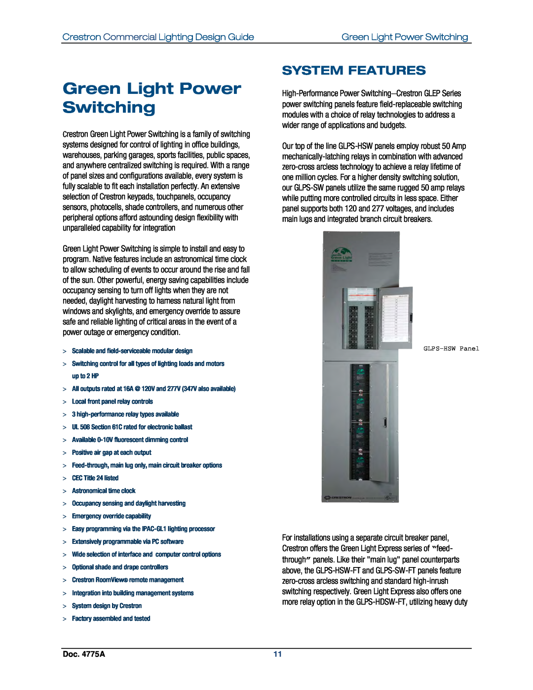 Crestron electronic GLPS-HSW manual Green Light Power Switching, System Features, Crestron Commercial Lighting Design Guide 