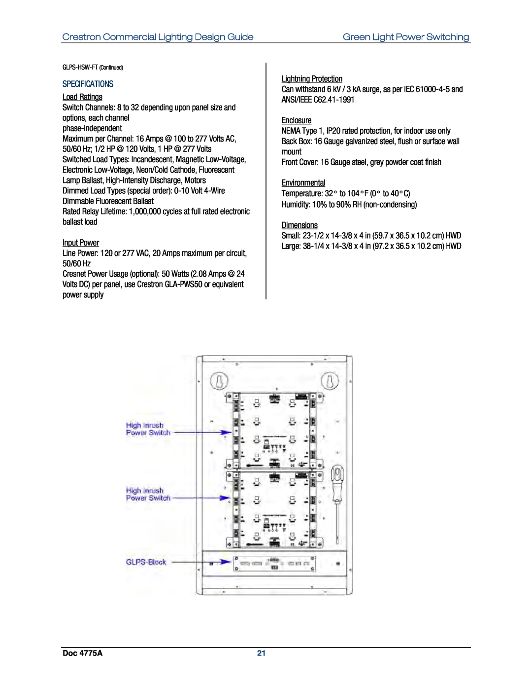 Crestron electronic GLPS-SW, IPAC-GL1 Crestron Commercial Lighting Design Guide, Green Light Power Switching, Load Ratings 
