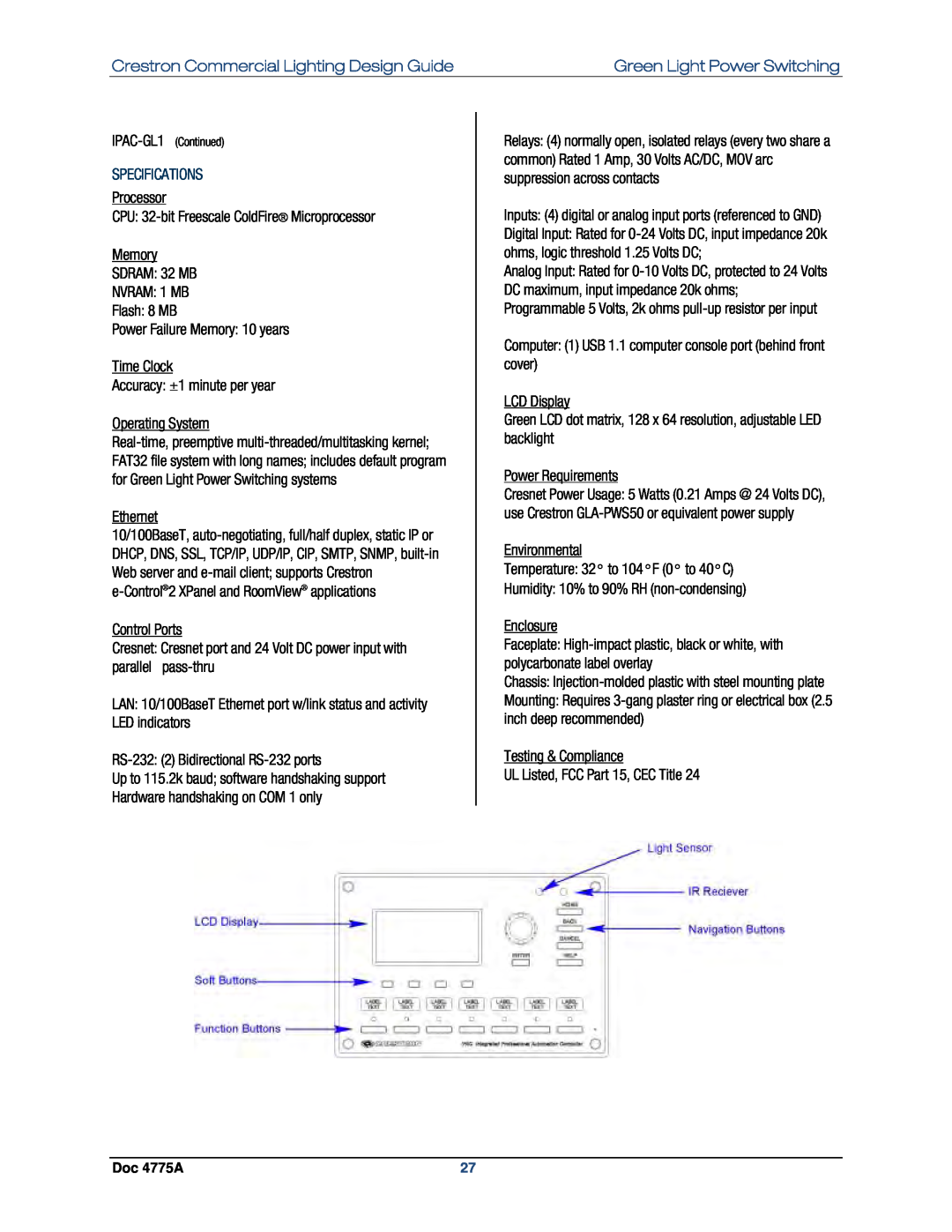 Crestron electronic GLPS-SW, IPAC-GL1 Crestron Commercial Lighting Design Guide, Green Light Power Switching, Processor 