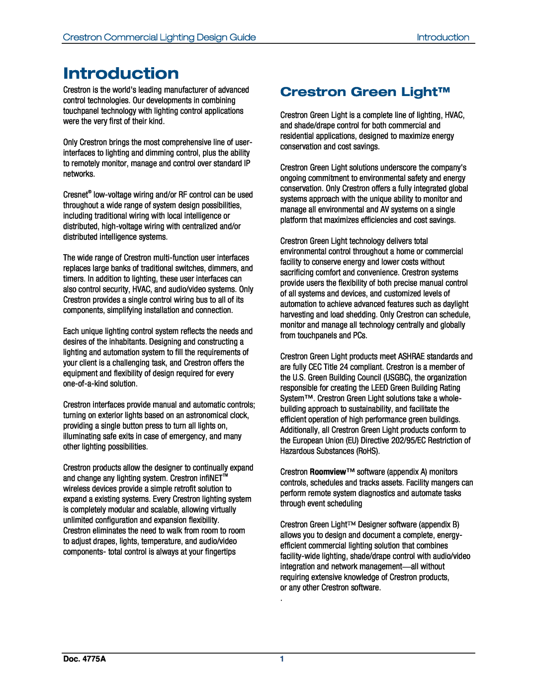 Crestron electronic GLPS-HSW-FT Introduction, Crestron Green Light, Crestron Commercial Lighting Design Guide, Doc. 4775A 