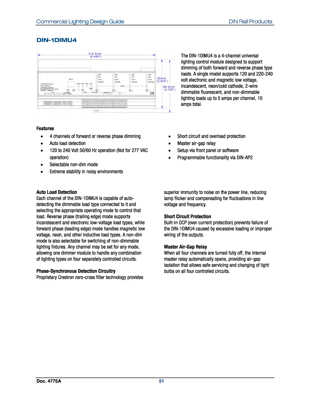 Crestron electronic GLPS-SW DIN-1DIMU4, Commercial Lighting Design Guide, Auto Load Detection, Short Circuit Protection 