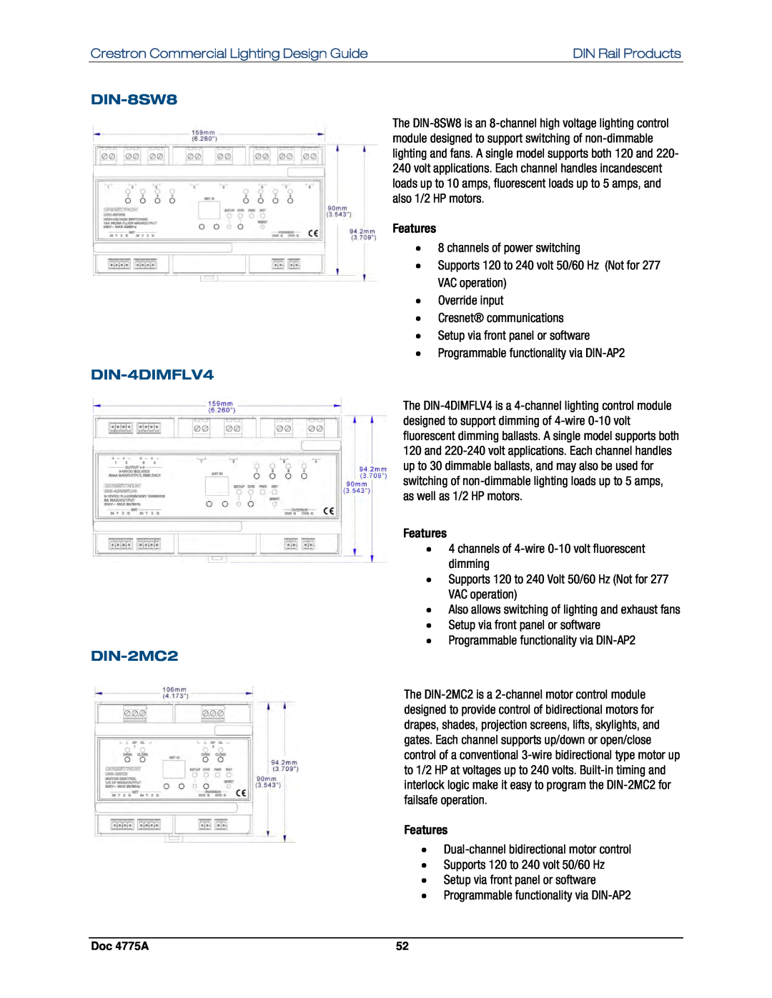 Crestron electronic GLPS-SW-FT manual DIN-8SW8, DIN-4DIMFLV4, DIN-2MC2, Crestron Commercial Lighting Design Guide, Features 