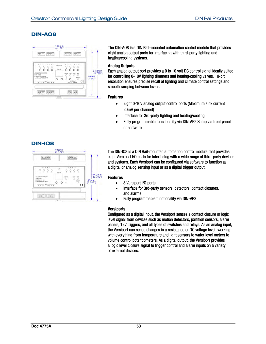 Crestron electronic GLPS-HSW manual DIN-AO8, DIN-IO8, Analog Outputs, Versiports, Crestron Commercial Lighting Design Guide 