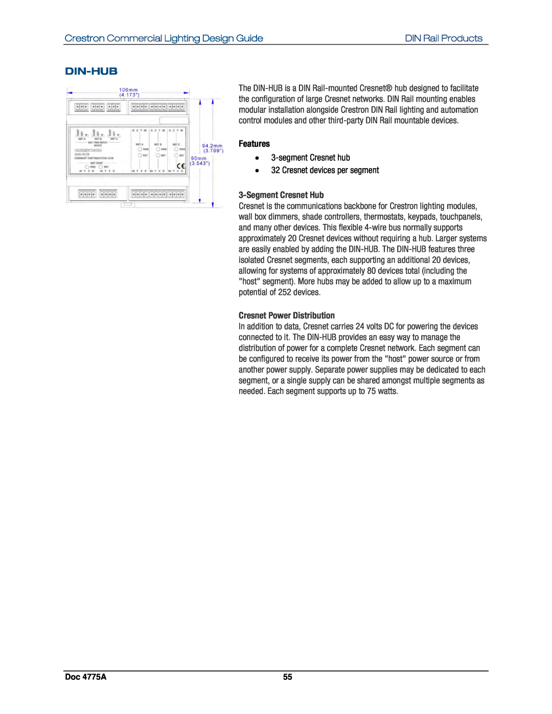 Crestron electronic GLPS-HSW-FT Din-Hub, Crestron Commercial Lighting Design Guide, DIN Rail Products, Features, Doc 4775A 