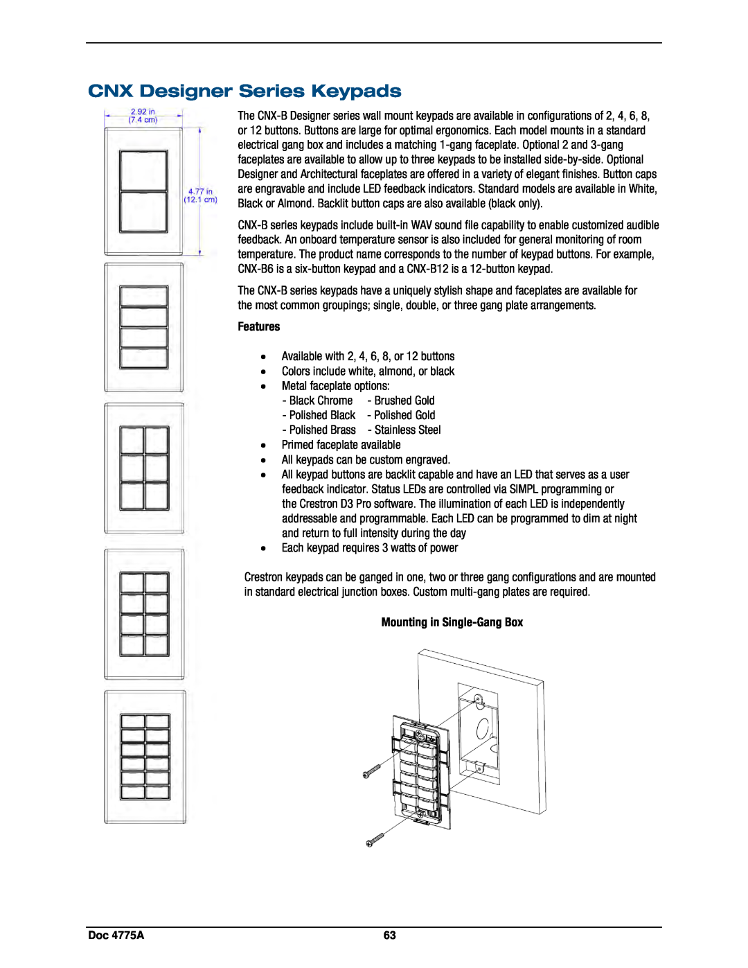 Crestron electronic GLPS-SW, IPAC-GL1 manual CNX Designer Series Keypads, Mounting in Single-GangBox, Features, Doc 4775A 