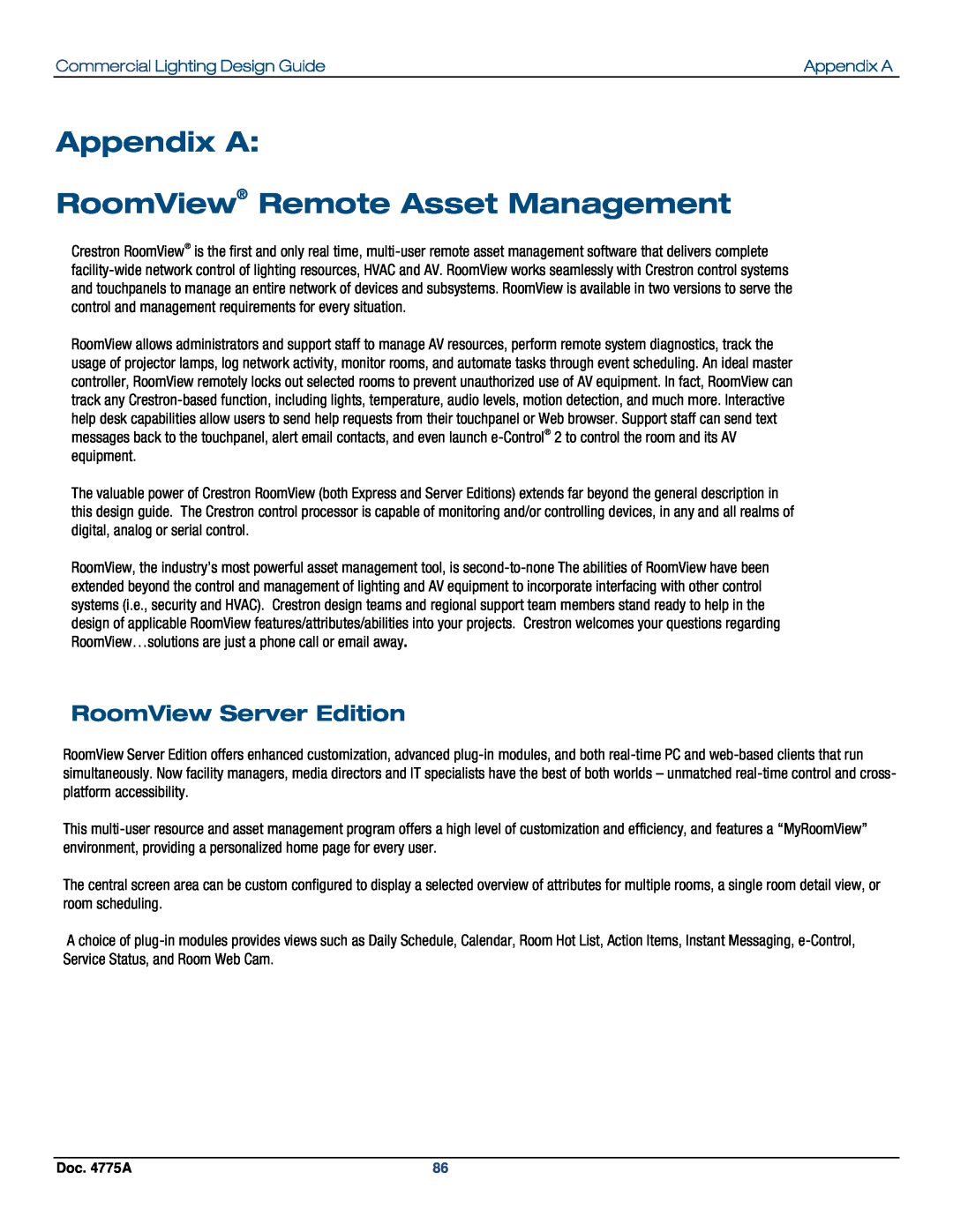 Crestron electronic IPAC-GL1, GLPS-SW-FT, GLPS-HSW Appendix A RoomView Remote Asset Management, RoomView Server Edition 