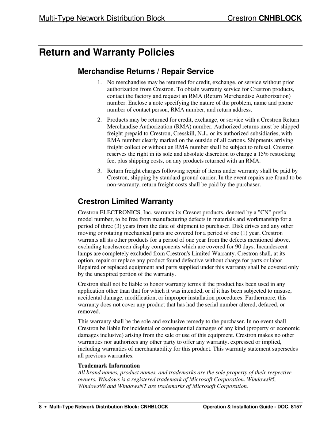 Crestron electronic Network Distribution Block manual Return and Warranty Policies, Merchandise Returns / Repair Service 