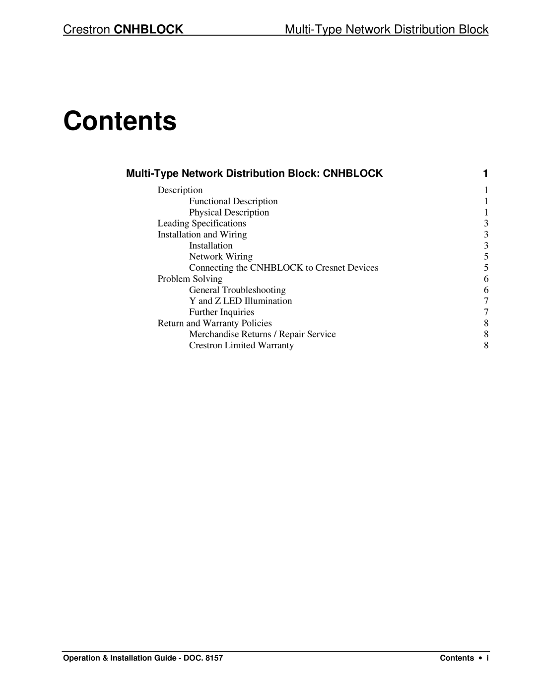 Crestron electronic Network Distribution Block manual Contents 