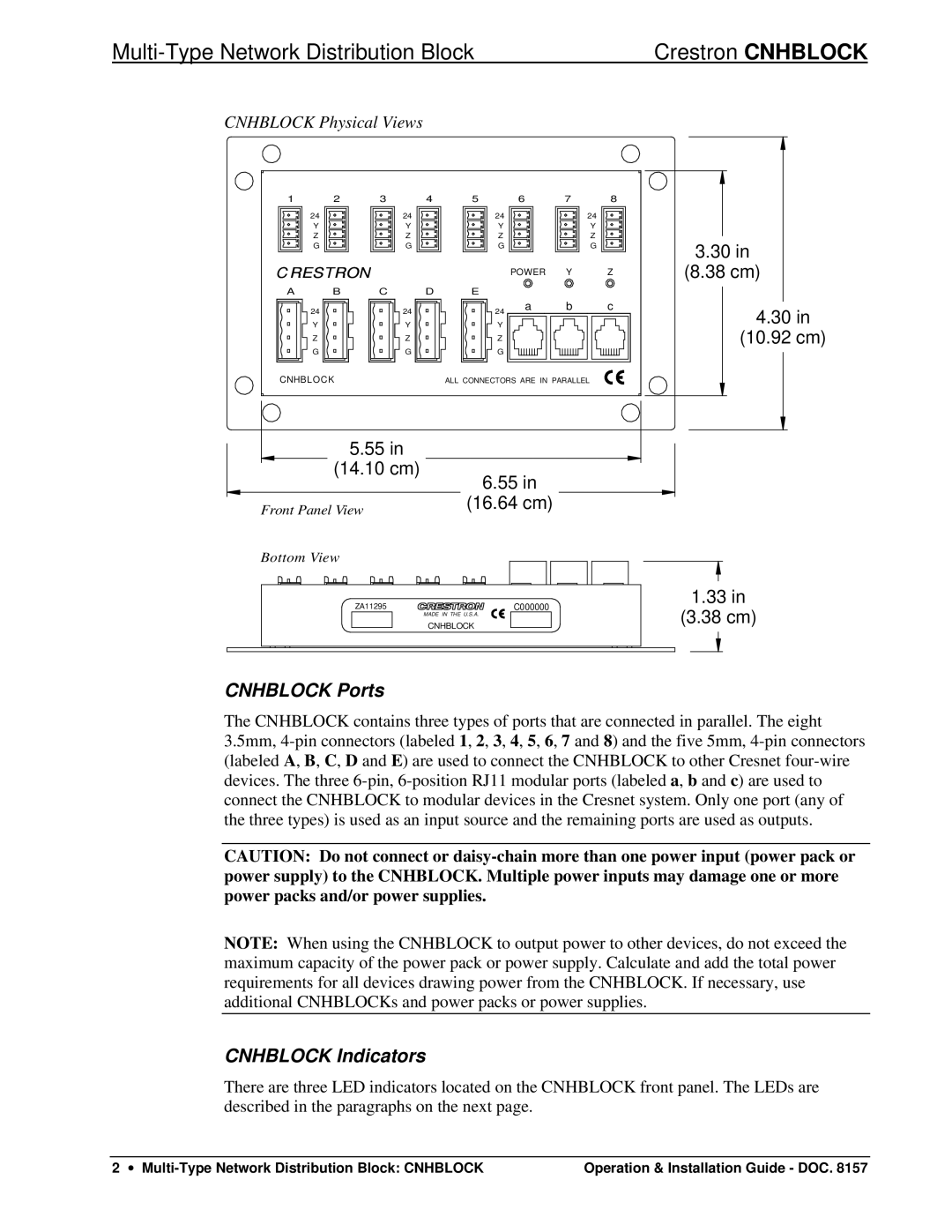 Crestron electronic Network Distribution Block manual Cnhblock Ports, Cnhblock Indicators 