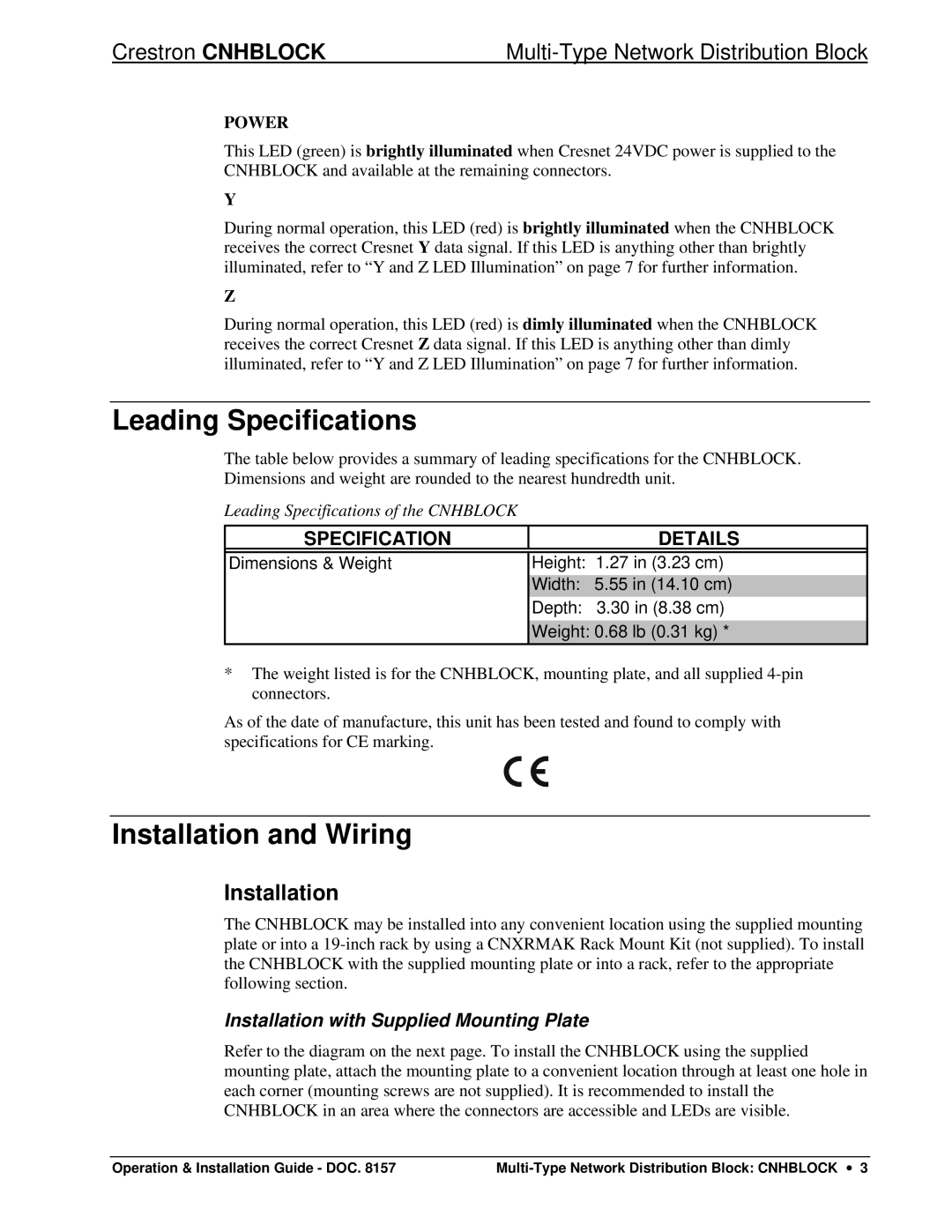 Crestron electronic Network Distribution Block Leading Specifications, Installation and Wiring, Specification Details 