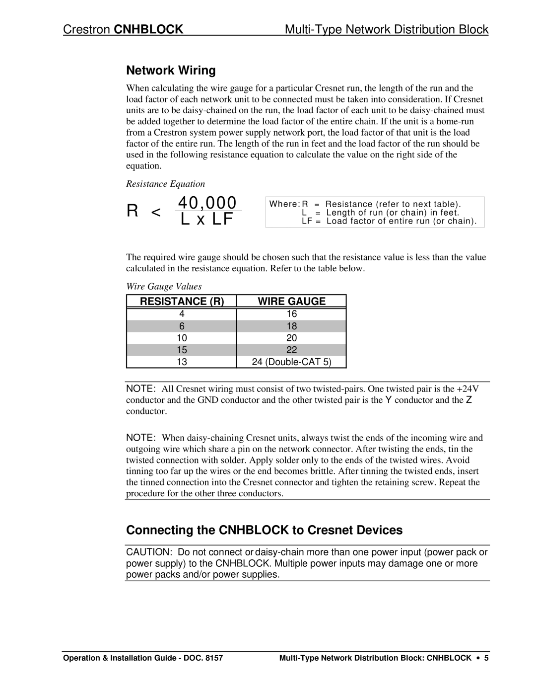 Crestron electronic Network Distribution Block manual Network Wiring, Connecting the Cnhblock to Cresnet Devices 