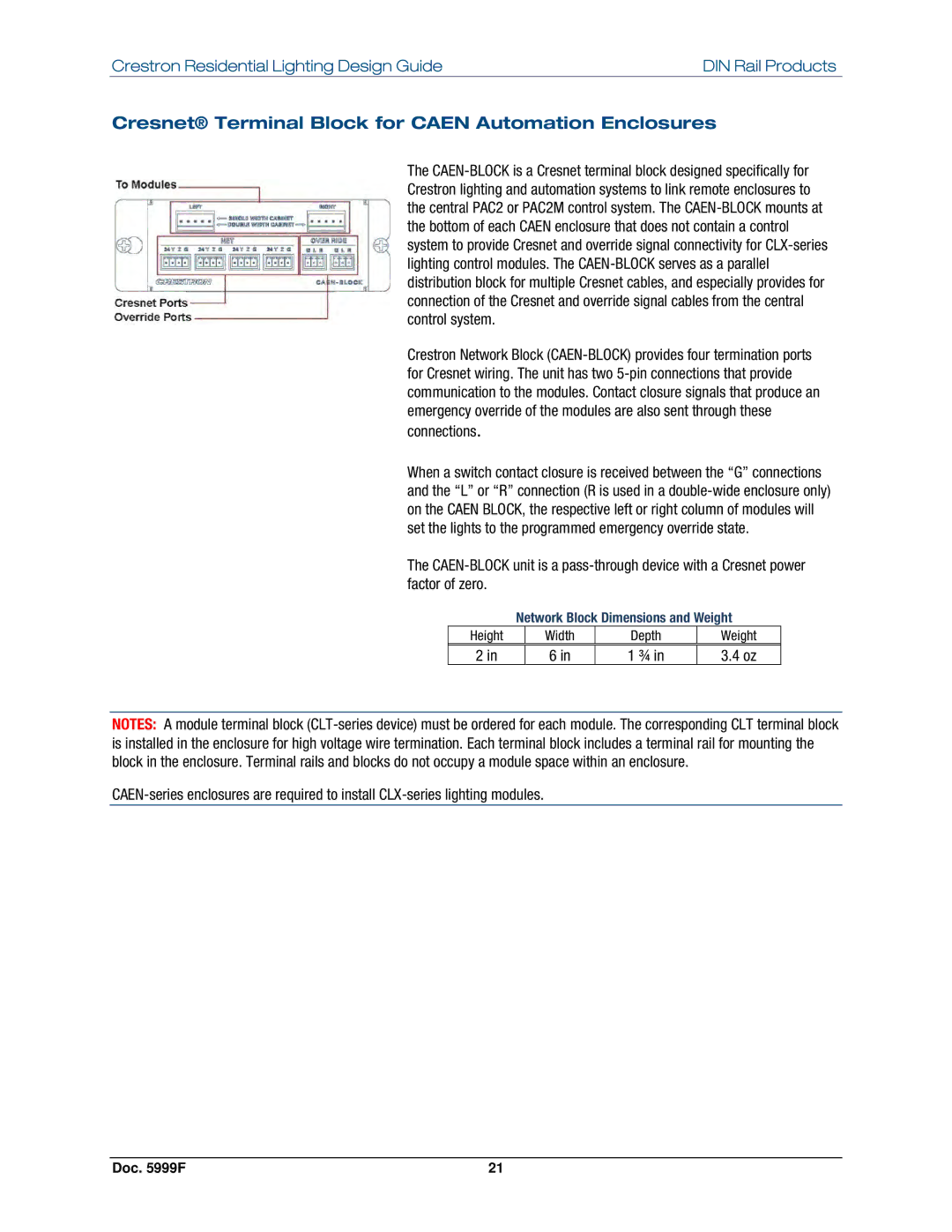 Crestron electronic Residential Lighting manual Cresnet Terminal Block for Caen Automation Enclosures 