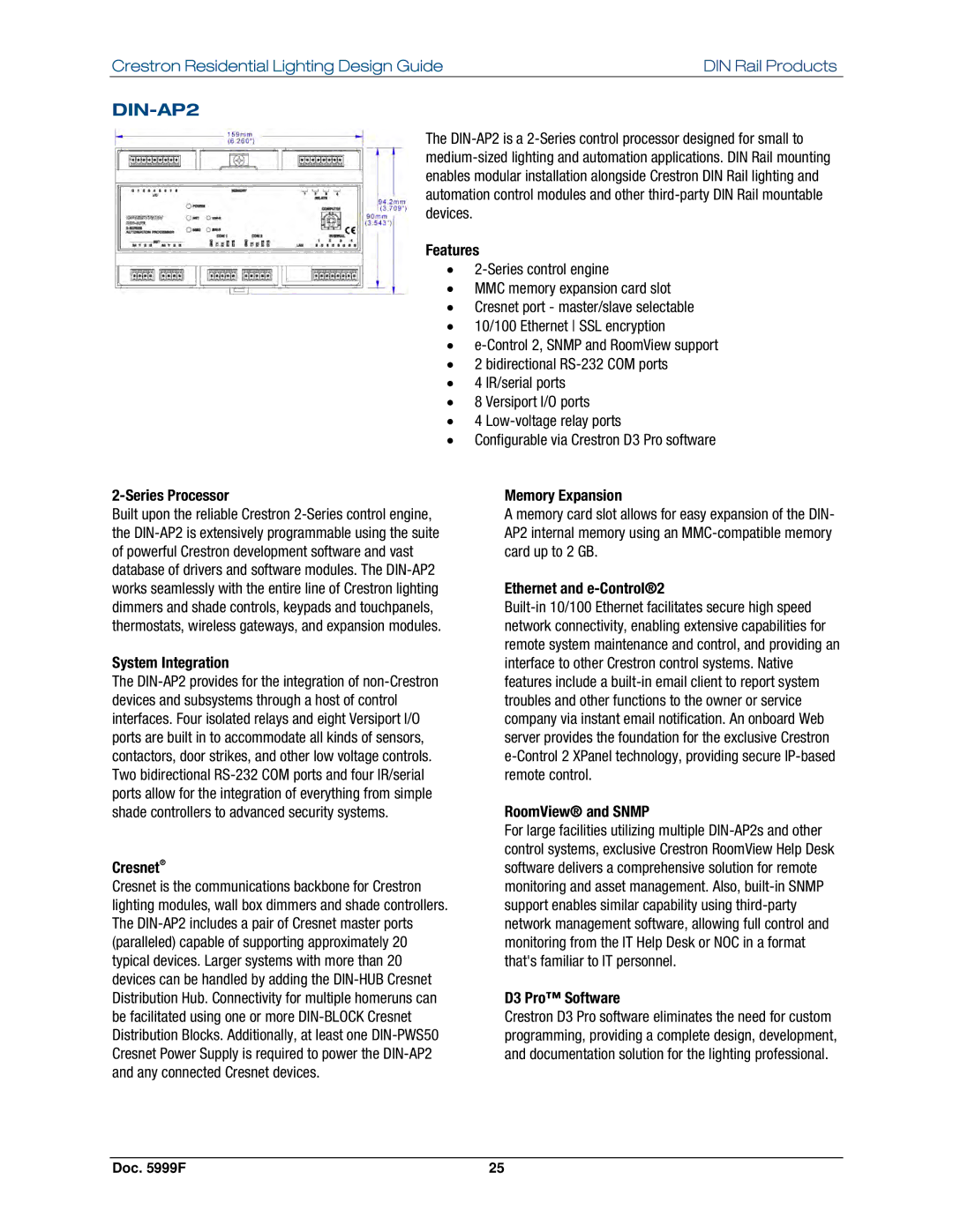 Crestron electronic Residential Lighting manual DIN-AP2 