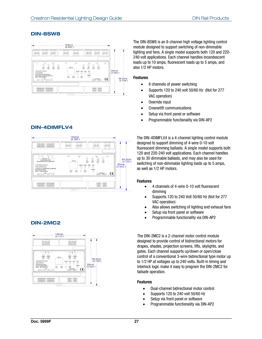 Crestron electronic Residential Lighting manual DIN-8SW8, DIN-4DIMFLV4, DIN-2MC2 