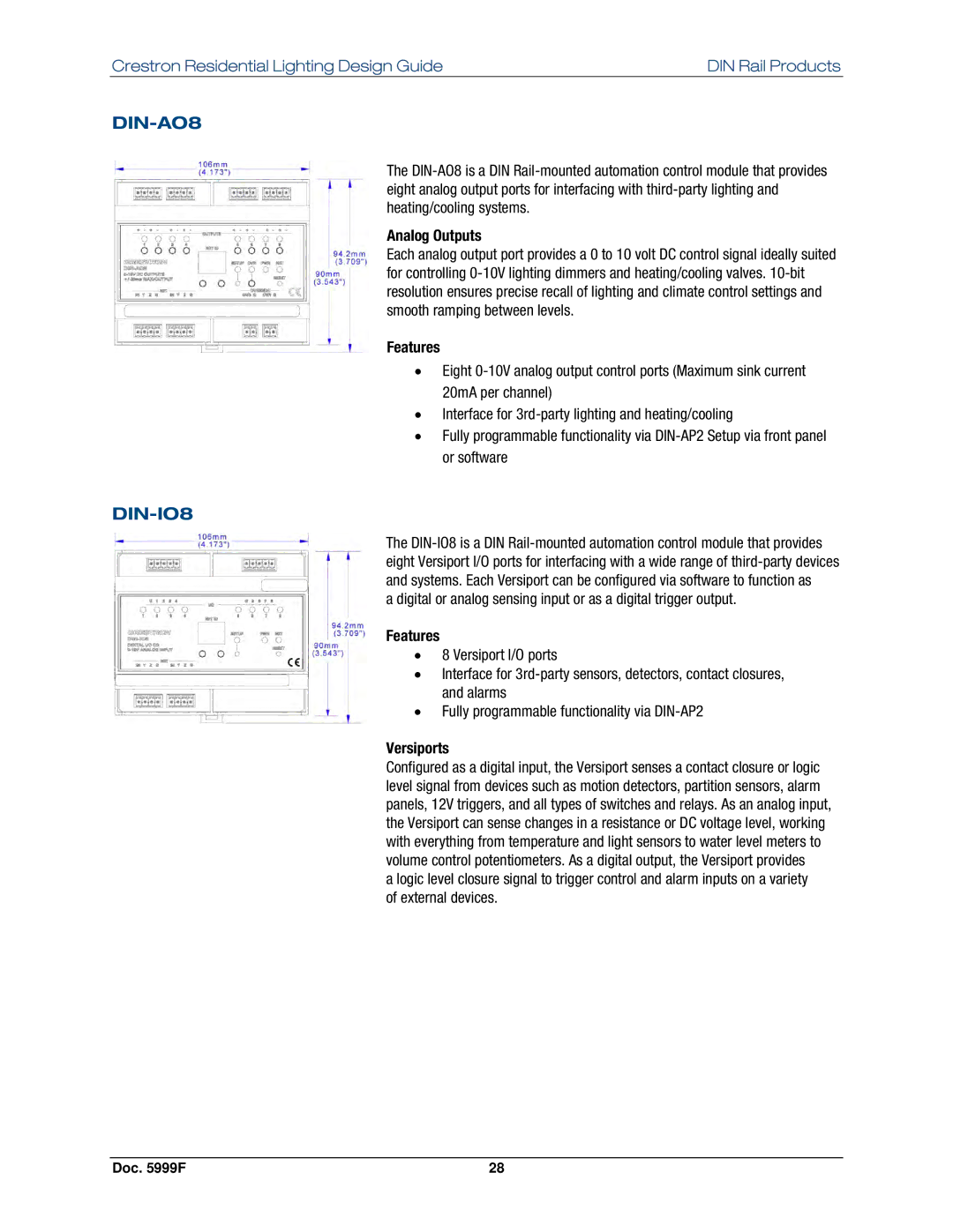 Crestron electronic Residential Lighting manual DIN-AO8, DIN-IO8, Analog Outputs, Versiports 