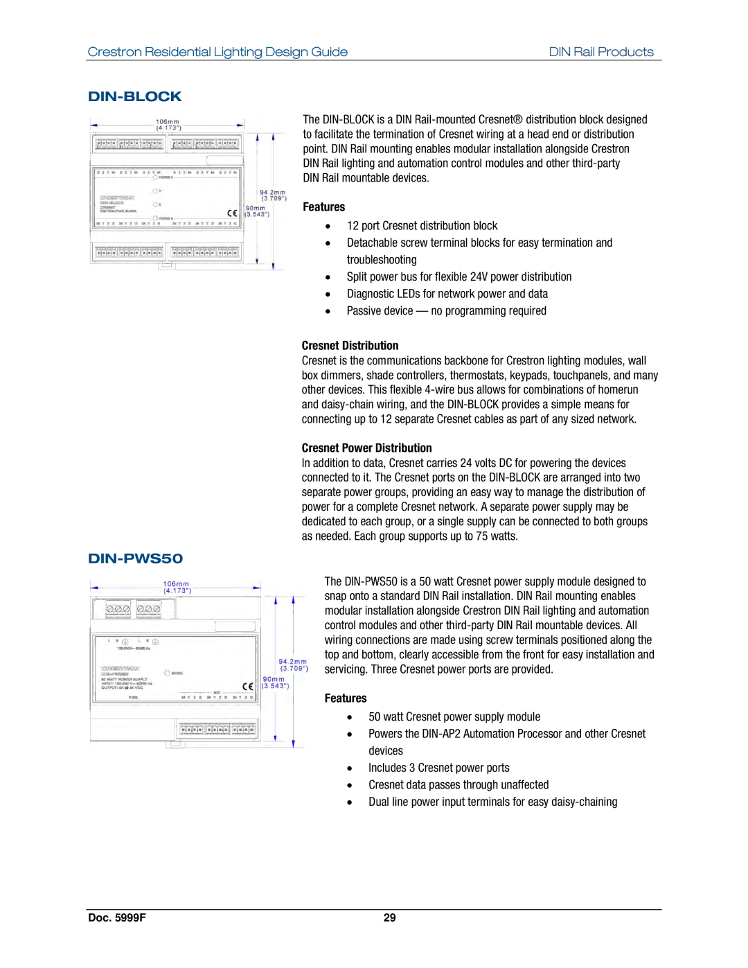 Crestron electronic Residential Lighting manual Din-Block, DIN-PWS50, Cresnet Distribution, Cresnet Power Distribution 