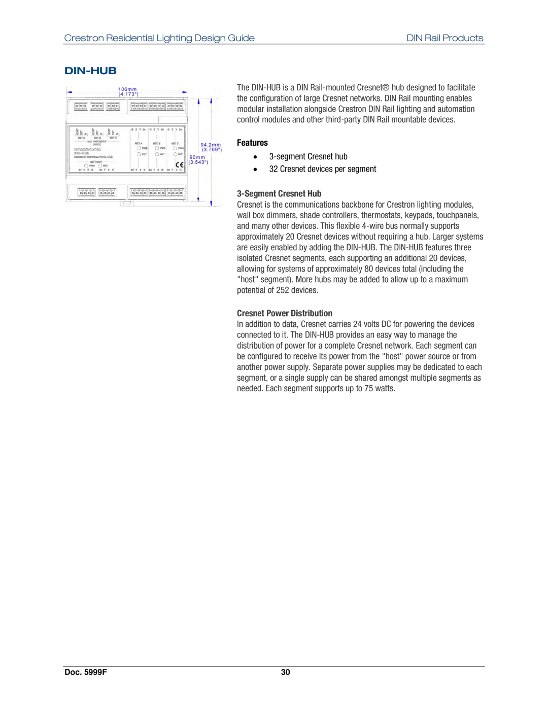 Crestron electronic Residential Lighting manual Din-Hub, Segment Cresnet Hub 