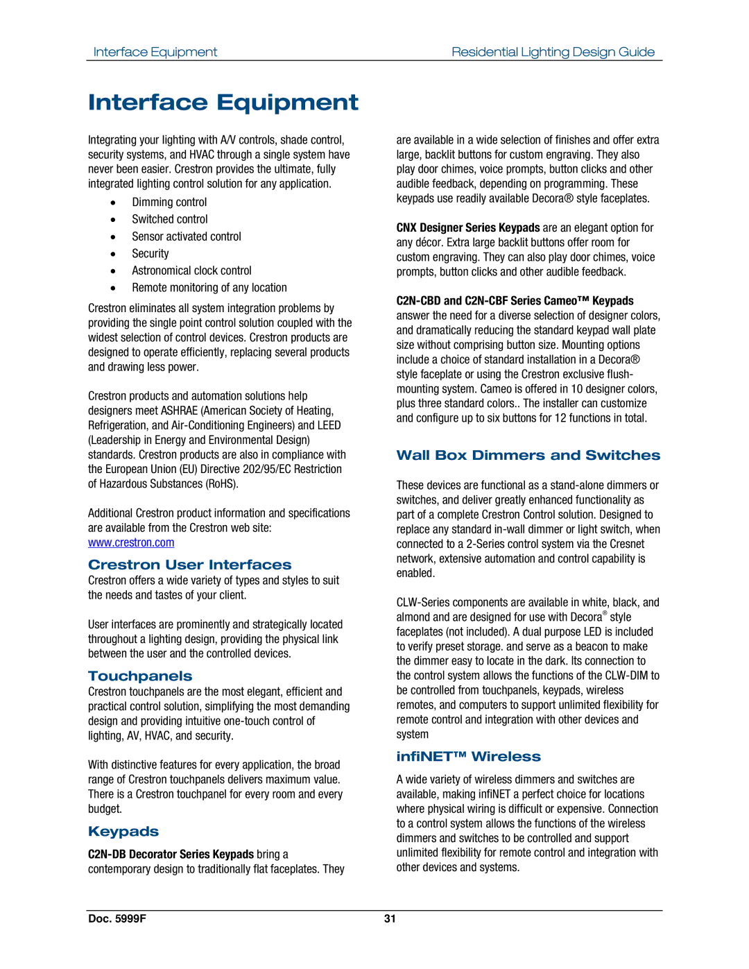 Crestron electronic Residential Lighting manual Interface Equipment 