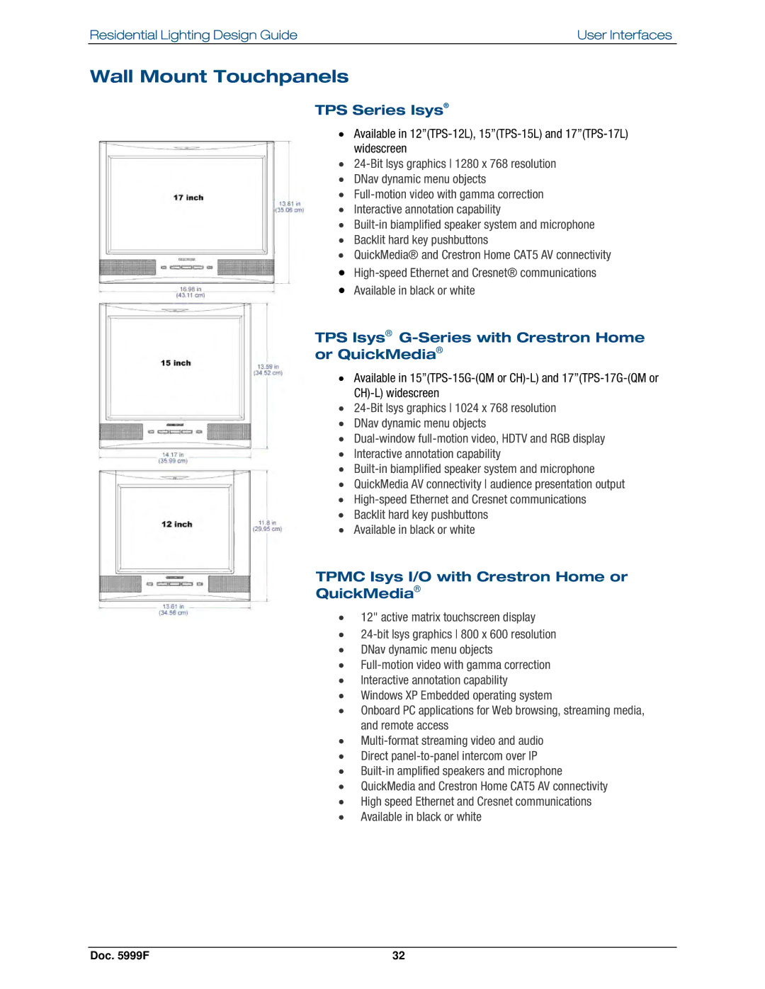 Crestron electronic Residential Lighting manual Wall Mount Touchpanels, TPS Series Isys 