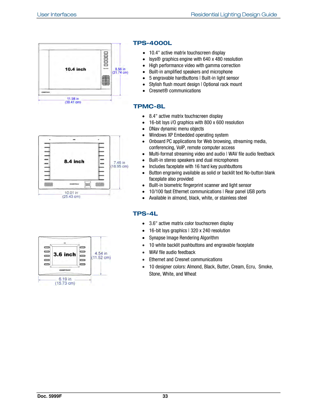 Crestron electronic Residential Lighting manual TPS-4000L, TPMC-8L, TPS-4L 